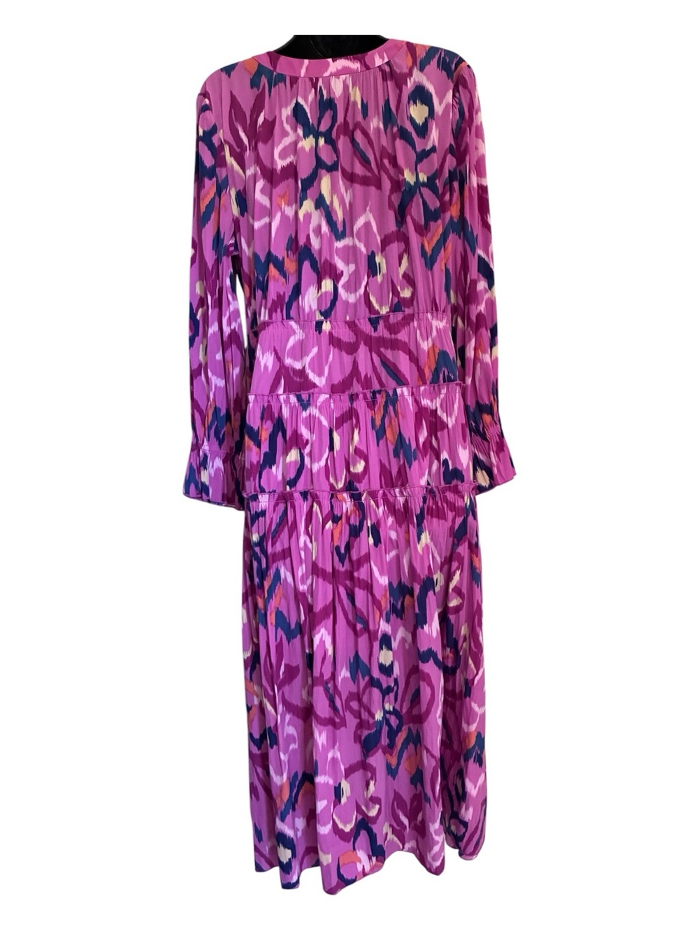 Chico's Fuchsia Pink Navy Ikat Resortwear Beach Tiered V-Neck Maxi Dress Sz 2P - Picture 2 of 12